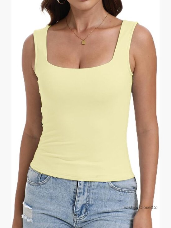 Tops - Sexy Square Neck Crop Tops Double Lined Sleeveless Halter Slim Fit Tank Top